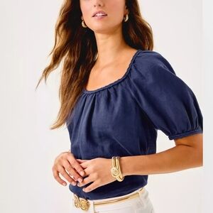 Lilly Pulitzer Blue Puff Sleeve Smocked Blouse